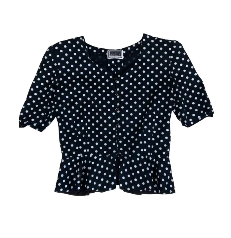 VTG LUISA SPAGNOLI ITALIAN DESIGNER POLKA-DOT RETRO PEPLUM BLOUSE SMALL