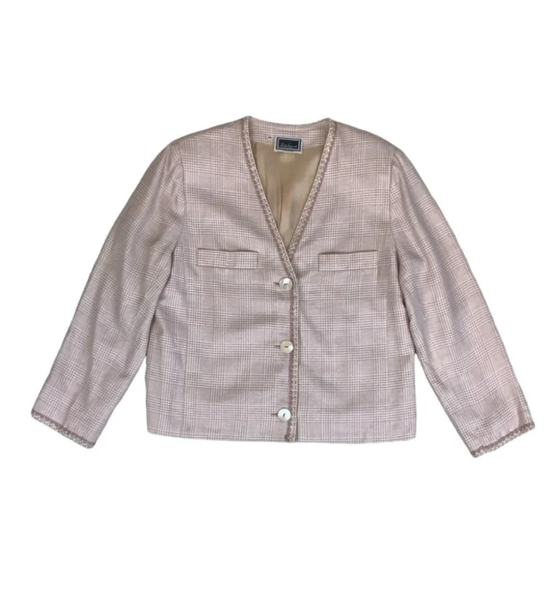 VTG 80S LOUISA SPAGNOLI PINK BEIGE CROSSHATCH BLAZER JACKET L 16