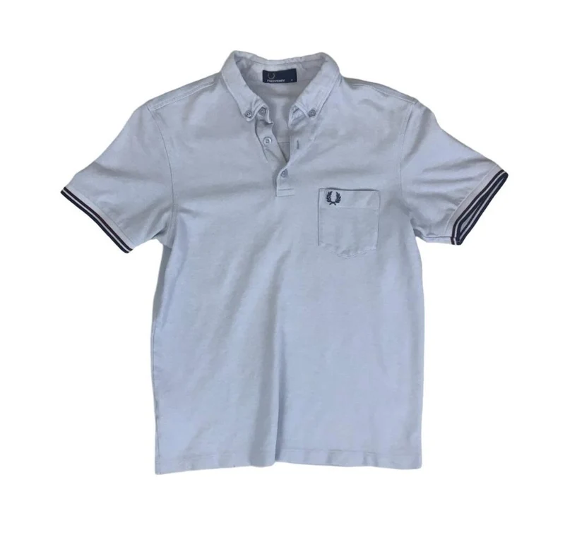 VTG FRED PERRY BLUE BROWN TWIN TIPPED M3561 POLO NECK SHIRT SMALL