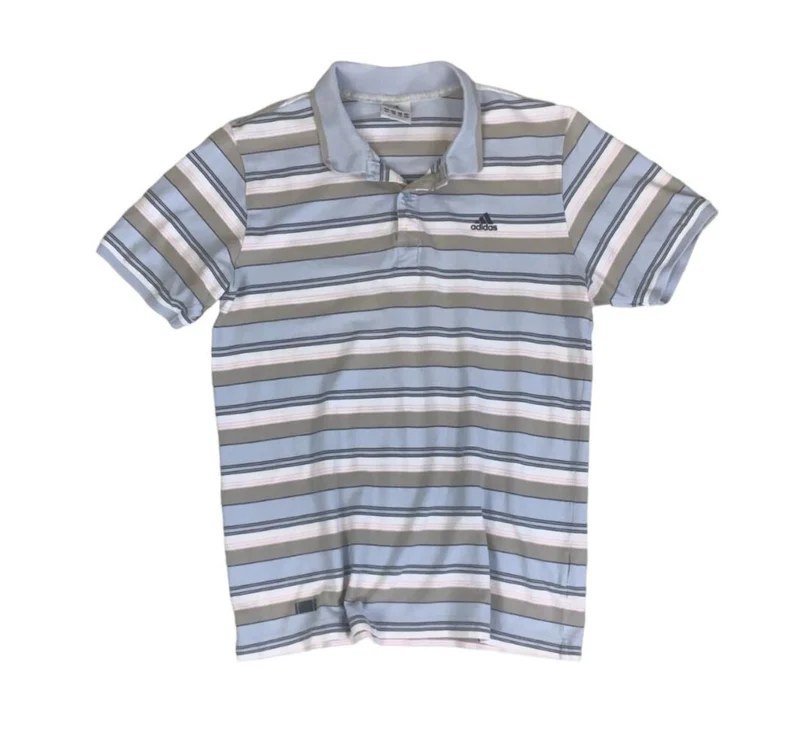 VTG 90S ADIDAS GREY BLUE WHITE STRIPED GOLF POLO NECK SHIRT MEDIUM