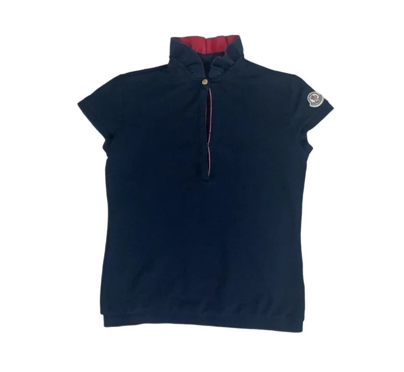 VTG MONCLER WOMENS NAVY BLUE DESIGNER POLO NECK SHIRT SMALL