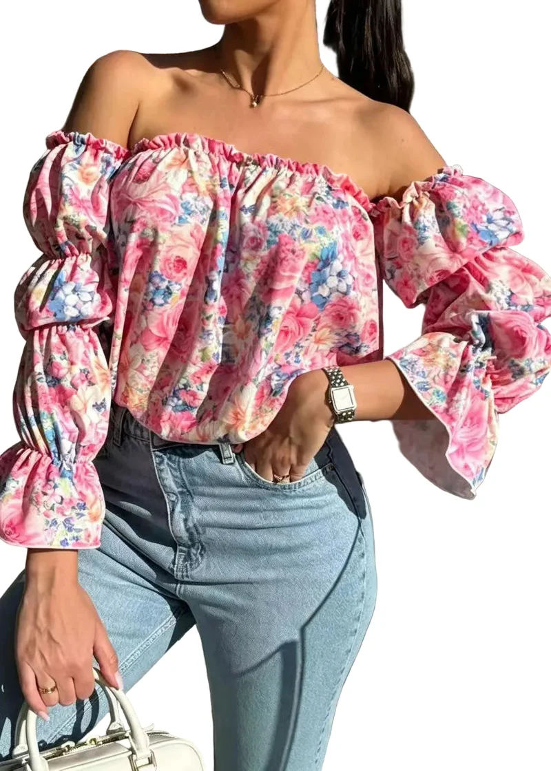 Damblus med Slash Neck och Puffärm för Damer
