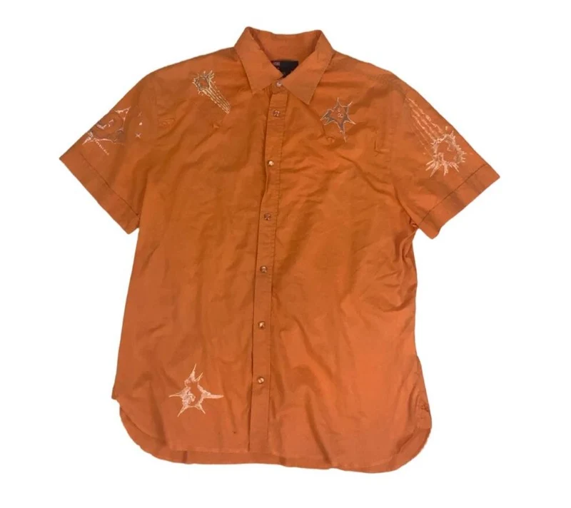 Vintage Y2K Diesel Orange Embroidered Snap Closure Short Sleeve Casual Shirt XXL