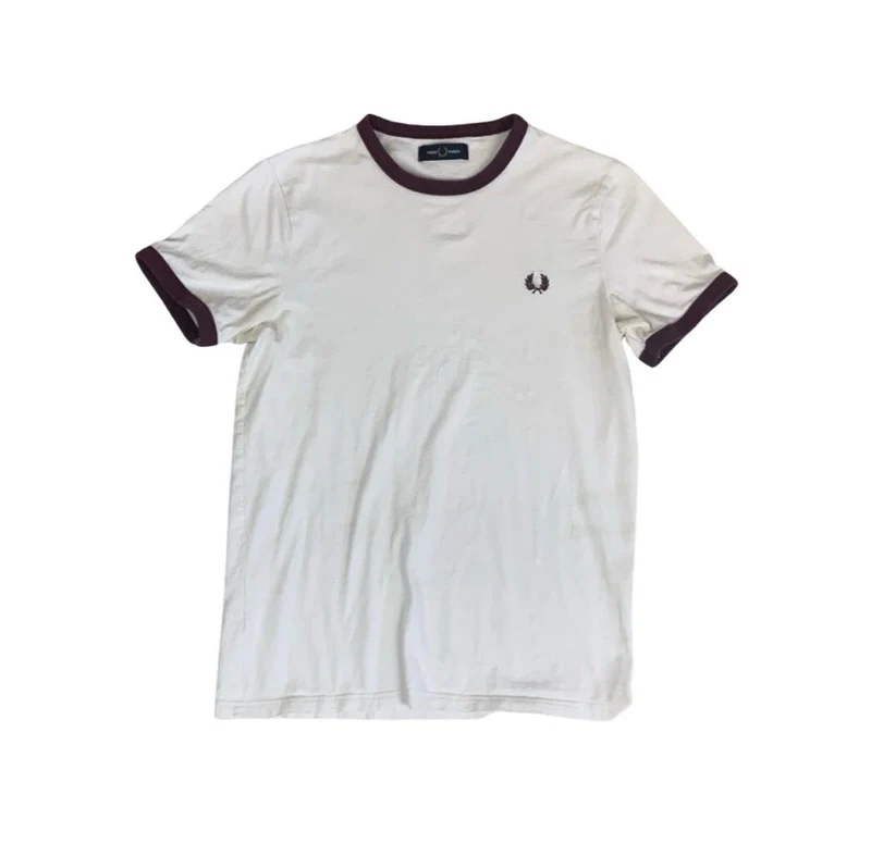VTG FRED PERRY WHITE BURGUNDY RED SPORTS RINGER T-SHIRT SMALL