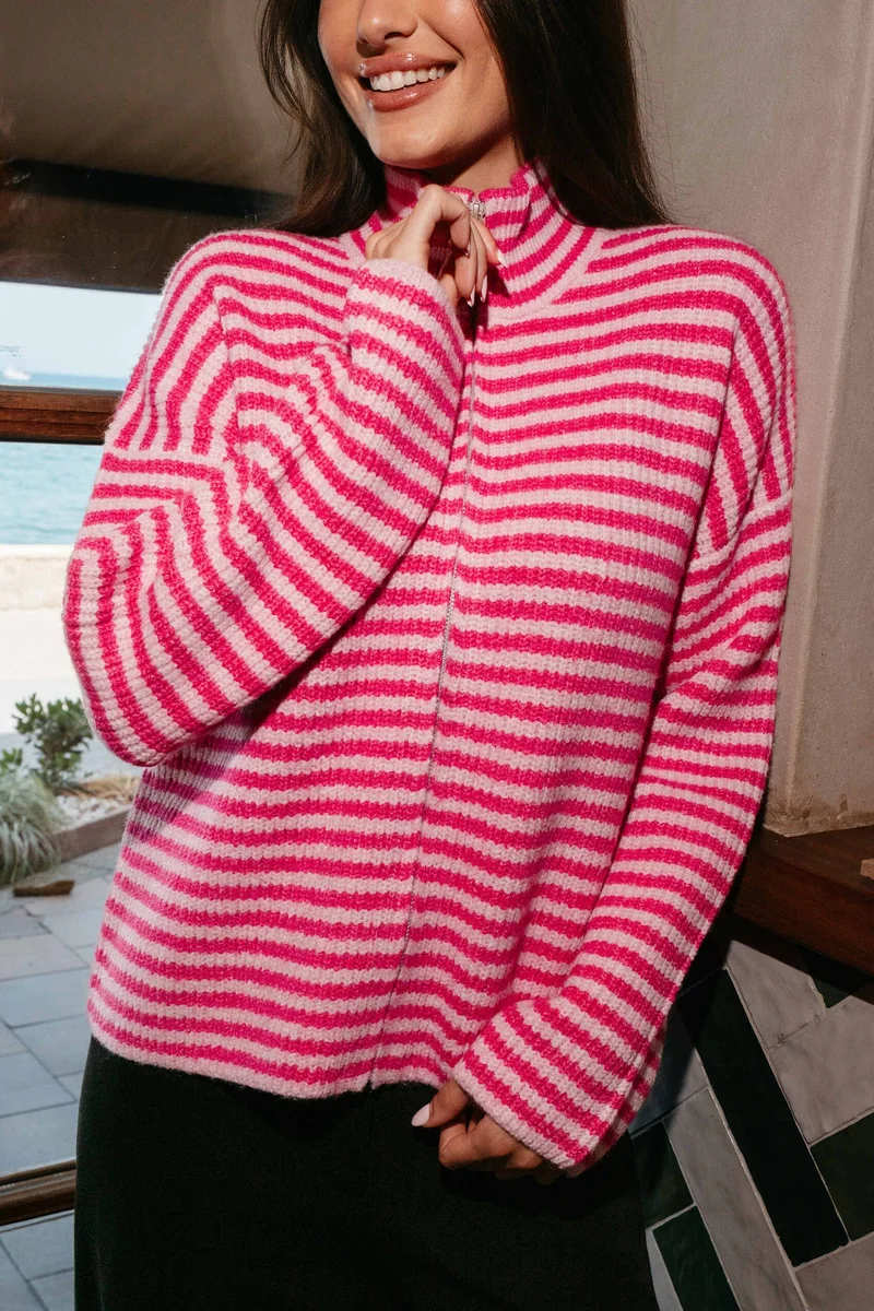 Liberte - Sara Ls Zip Cardigan 22476 - Pink Rose Stripe