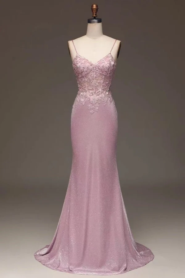 Elegant Rosa Spaghettibandsklänning med Glänsande Ärmlös Balklänning för Dam