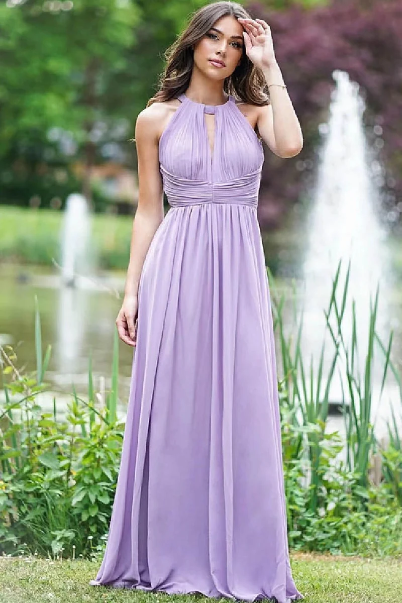 Elegant Lila Halter Ärmlös A-linjeformad Balklänning med Öppen Rygg