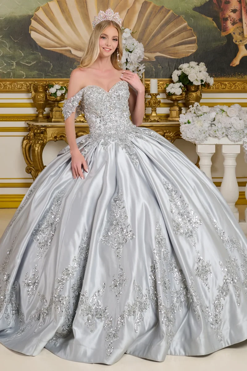 Quinceaneraklänning i satin med 3D-blommönster och applikationer från Elizabeth K - GL3643