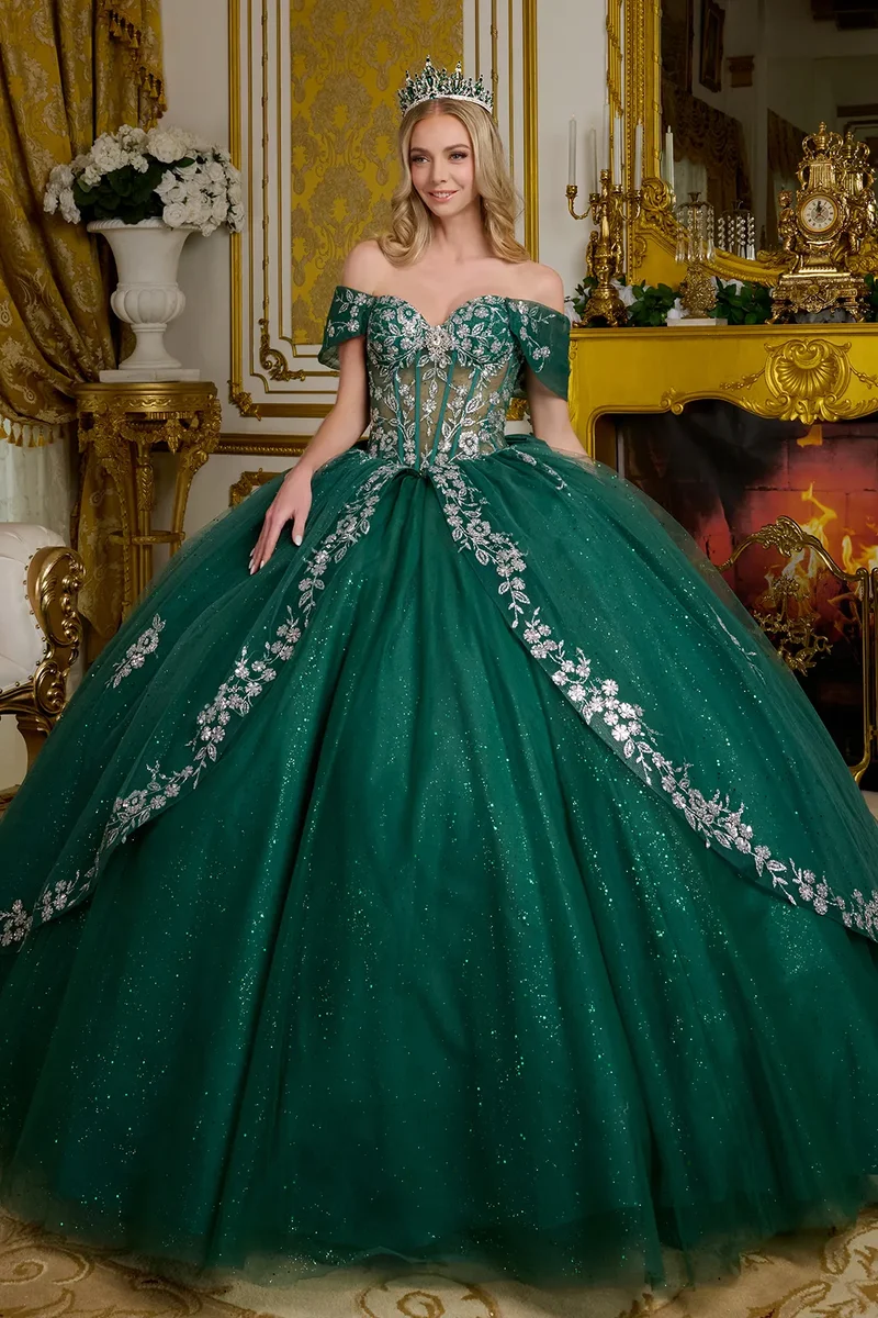 Glittrig V-ringad tyllklänning för quinceanera från Elizabeth K - GL3636