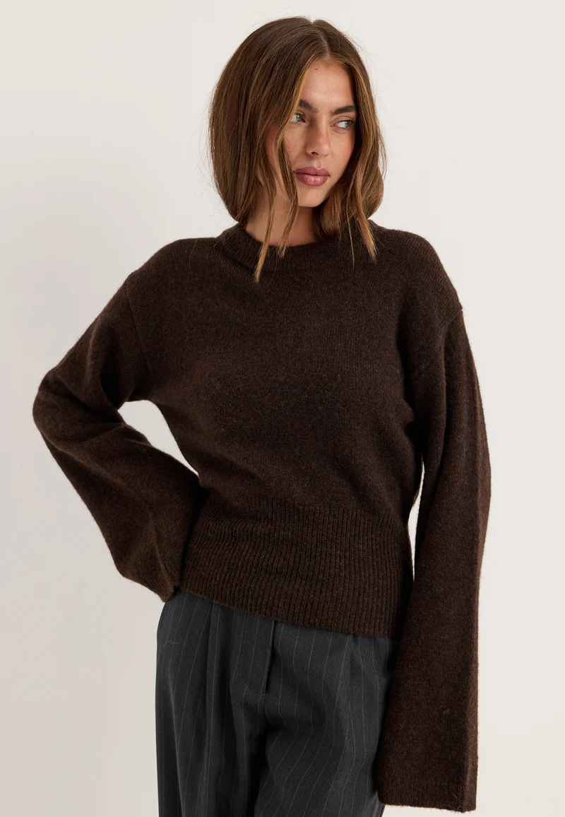 Knitted Wool Blend Wide Sleeve Sweater