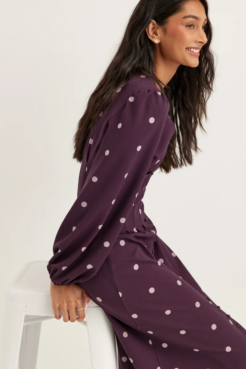 Midi Button Volume Sleeve Dress