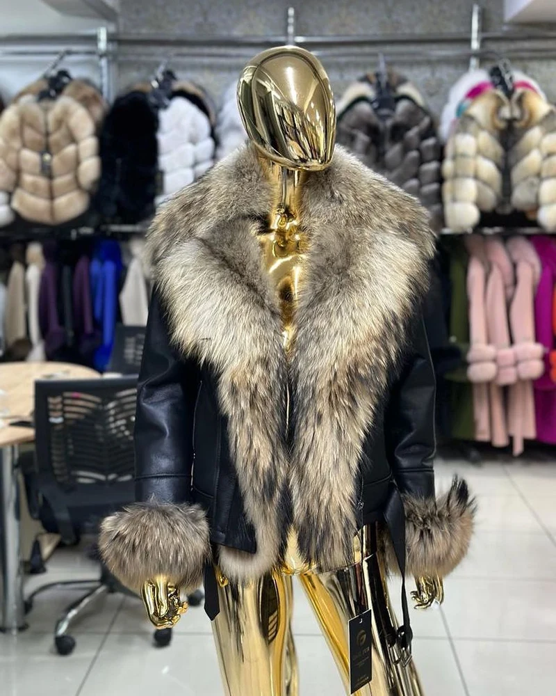 Raccoon Fur Genuine Leather Jacket in black