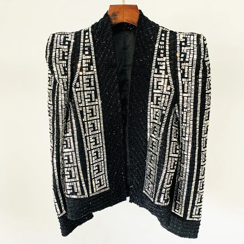 Double Breasted Black Embellished Tweed Blazer