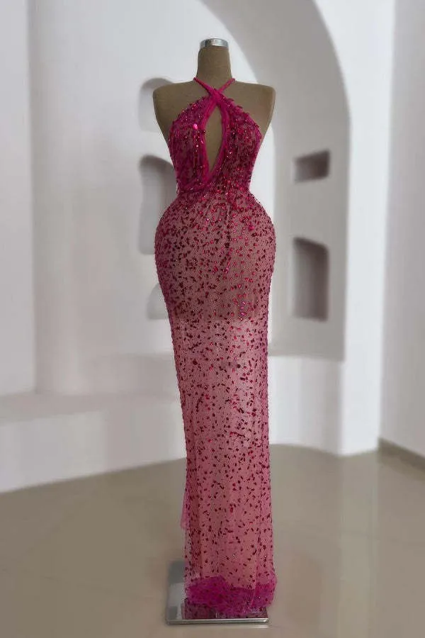 Elegant Rosa Paljettklänning med Halter Neck - Ärmlös Balklänning