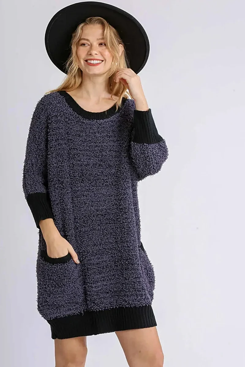 Umgee Elegant Plus Size Ribbad Rund Halsringning 3/4 Ärm Tröjklänning Med Fickor