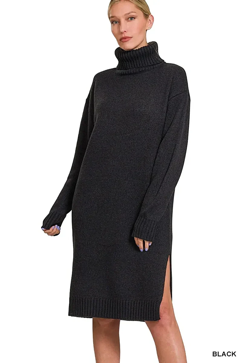 Zenana Elegant Ribbad Polotröjaklänning med Slits, Långa Ärmar och Midi-Längd