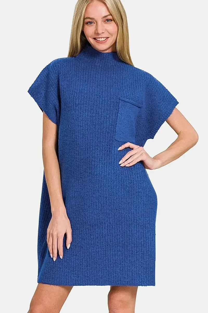 Ribbad kortärmad casual tröjklänning för kvinnor - Elevated Stretch Knit Mini