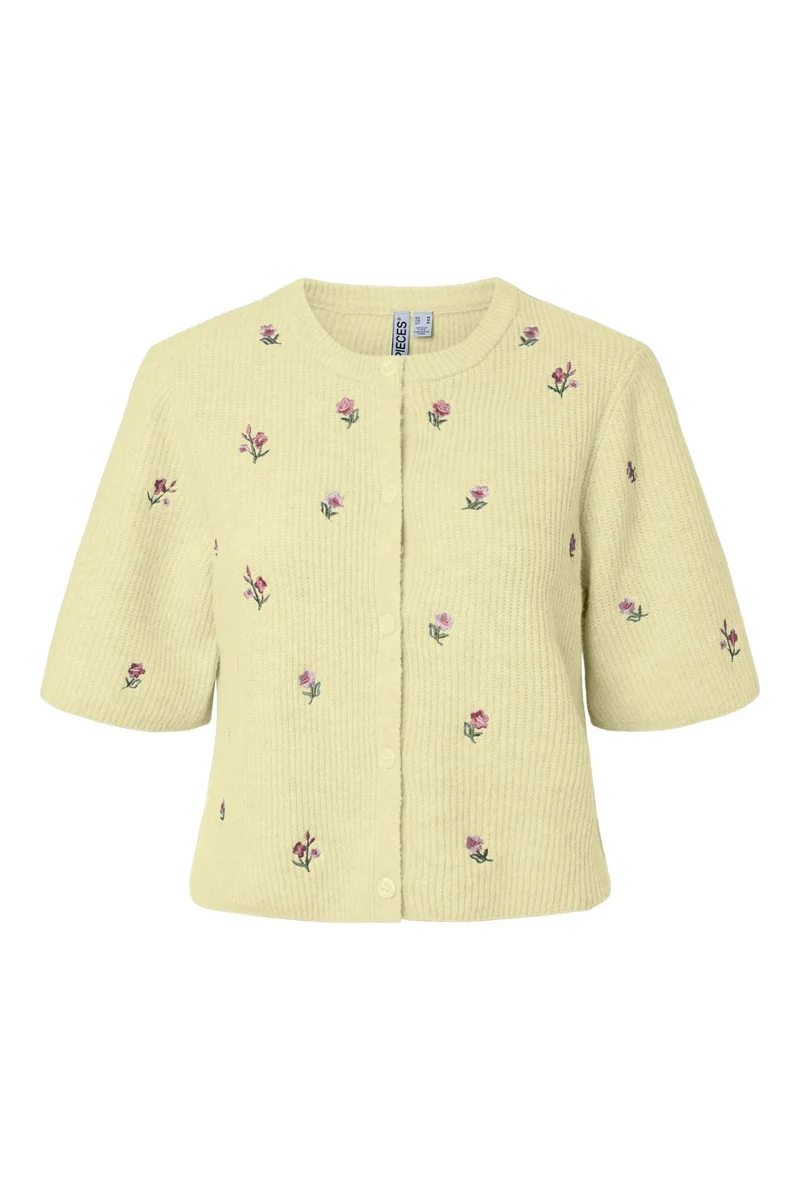 Pieces - Pcsilly Ss O-Neck Emb Knit Cardigan - 5164590 Pale Banana White Flower