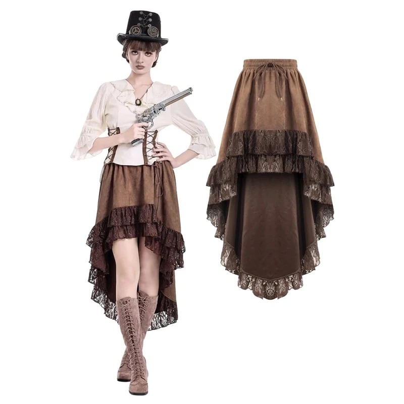 Steampunk kjol med blommig spetskant och hög nederkant för kvinnor