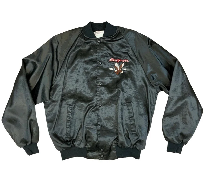 Vtg 1990 USA Black Snap-On 70th Anniversary Embroidered Silky Varsity Jacket L