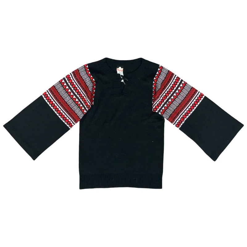 Vtg 97s Black Red Geometric Traditional Folk Retro Bell Sleeve Boho Sweater UK 8