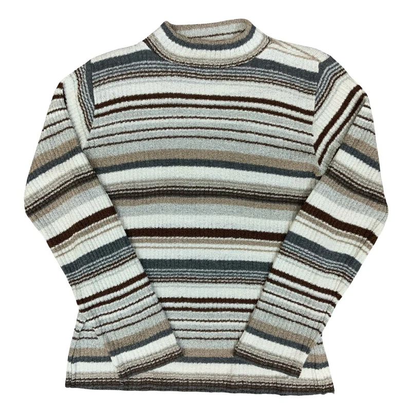 90s Y2K 'Orsay' Ladies Striped Grey Brown White High Neck Knit Petite Sweater S