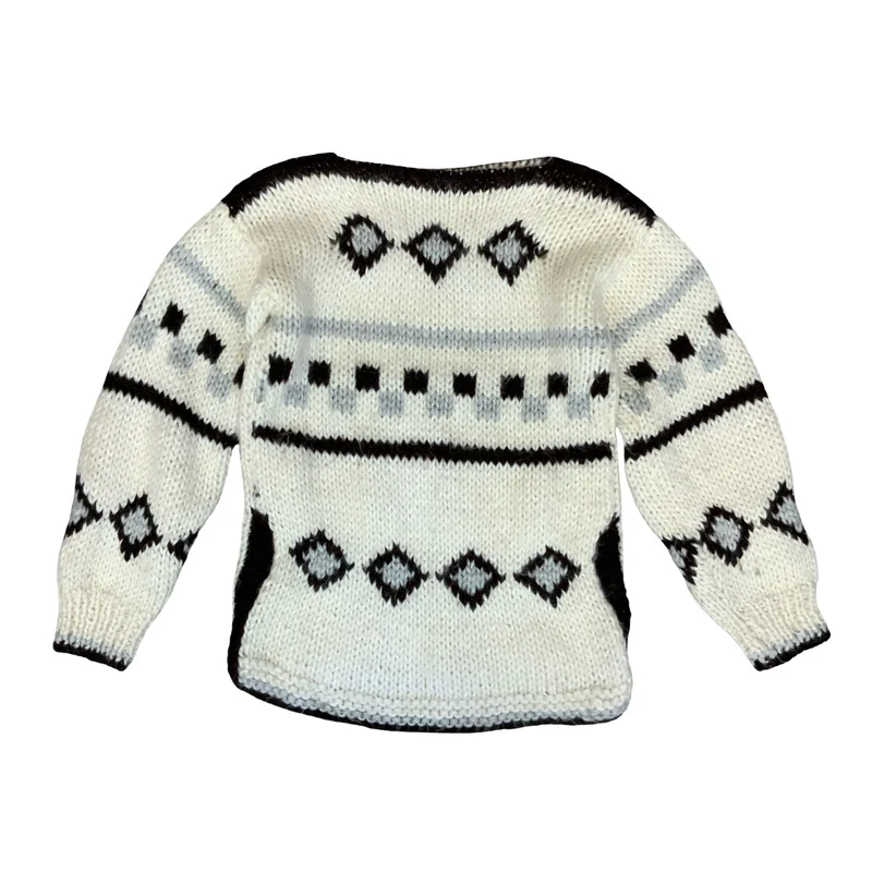 Vtg Chunky Handknit White Black Geometric Pattern Boat Neck Pullover Sweater S