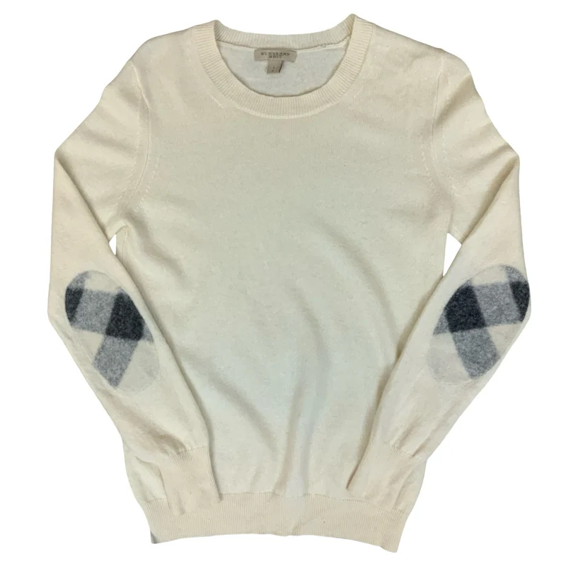 Vtg 00s 'Burberry Brit' Women's Check Elbow Patch Cashmere Pullover Sweater S