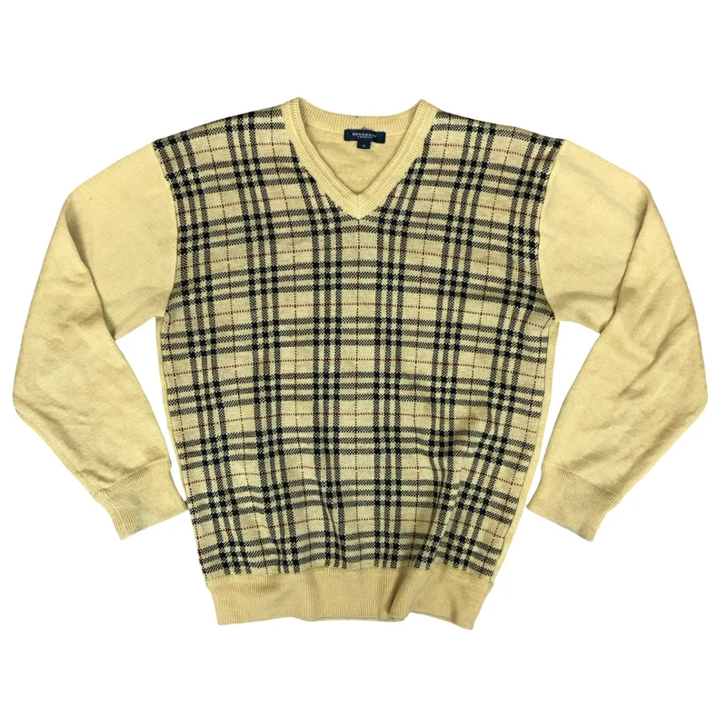 Vtg 00s 'Burberry London' Beige Black Nova Check V-Neck Casual Cotton Sweater M