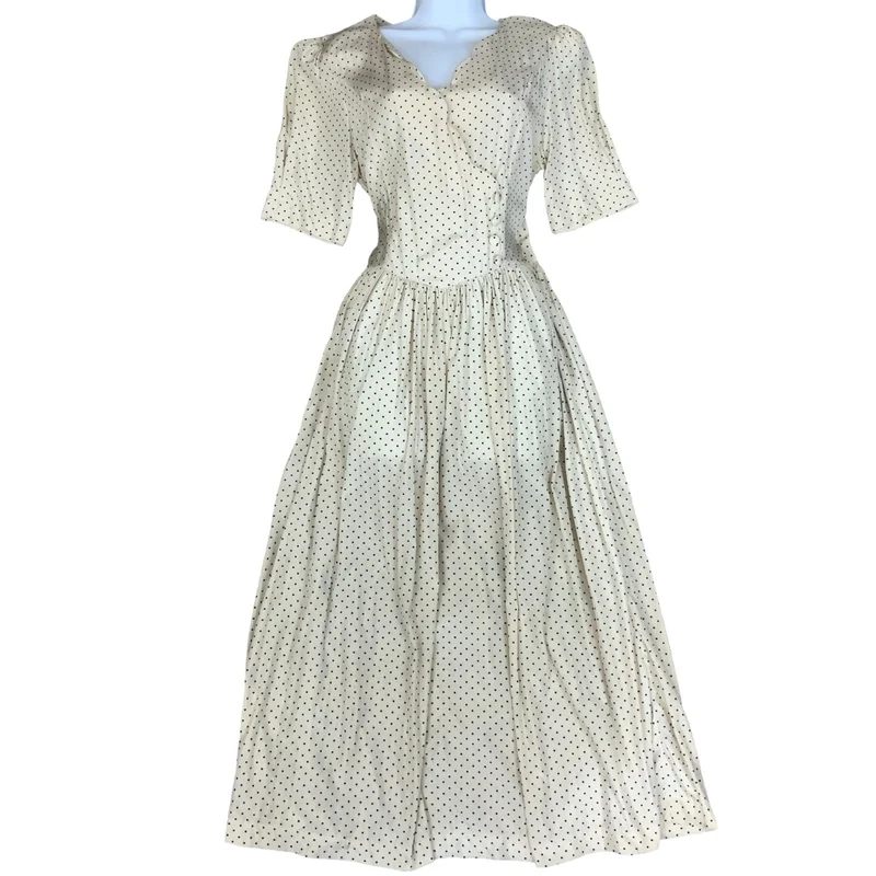 80s 'Laura Ashley' White Blue Polka-Dot Romantic Fitted Aline Midi Dress UK 10
