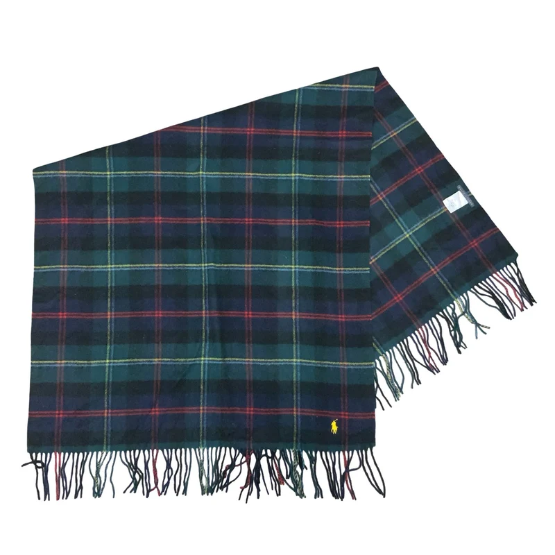 90s 'Polo Ralph Lauren' 100% Wool Blue Green Plaid Wide Warm Winter Scarf