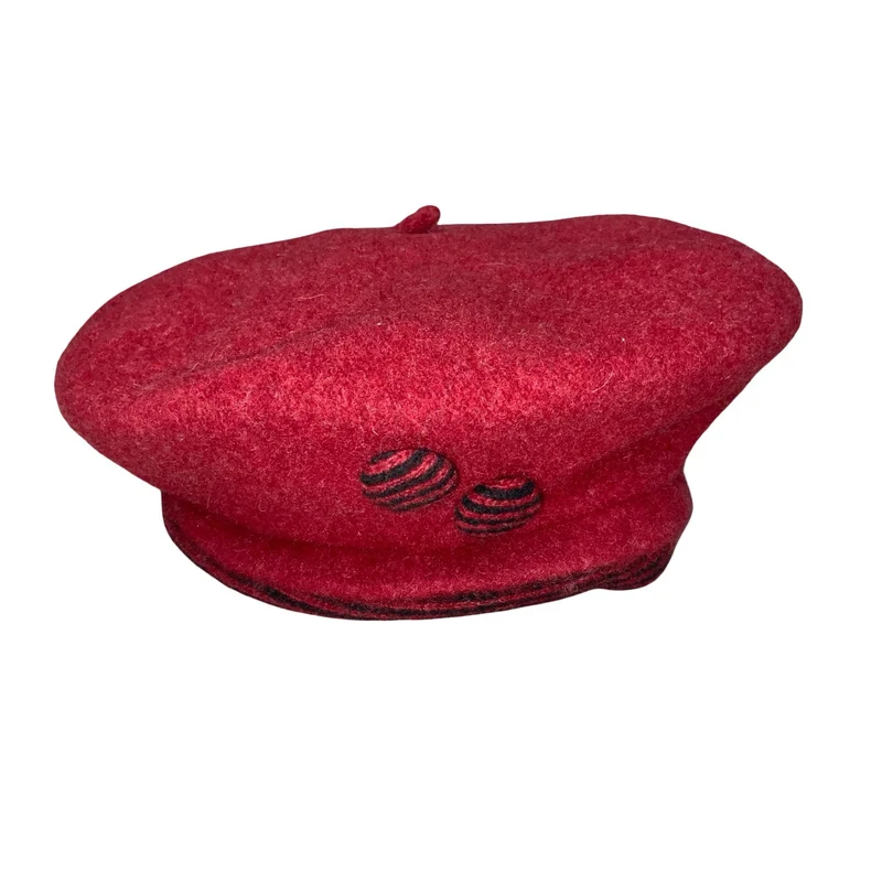Vtg 'Woolmark' Red Black Stripe Button Classic French Beret Size Medium