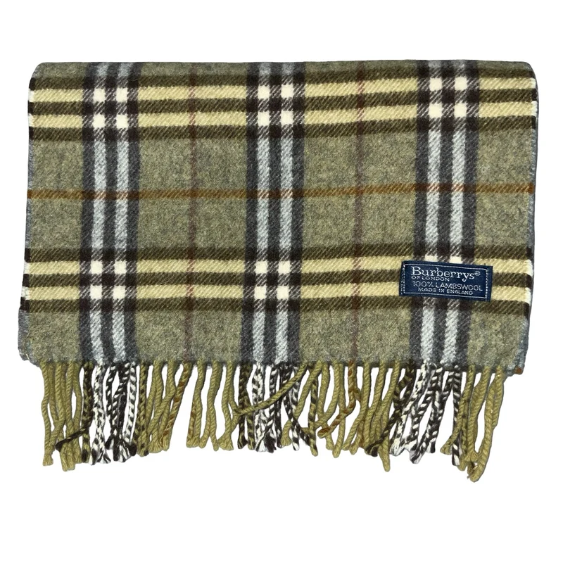 1980s 'Burberrys of London' Green Grey Nova Check 100% Lambswool Winter Scarf