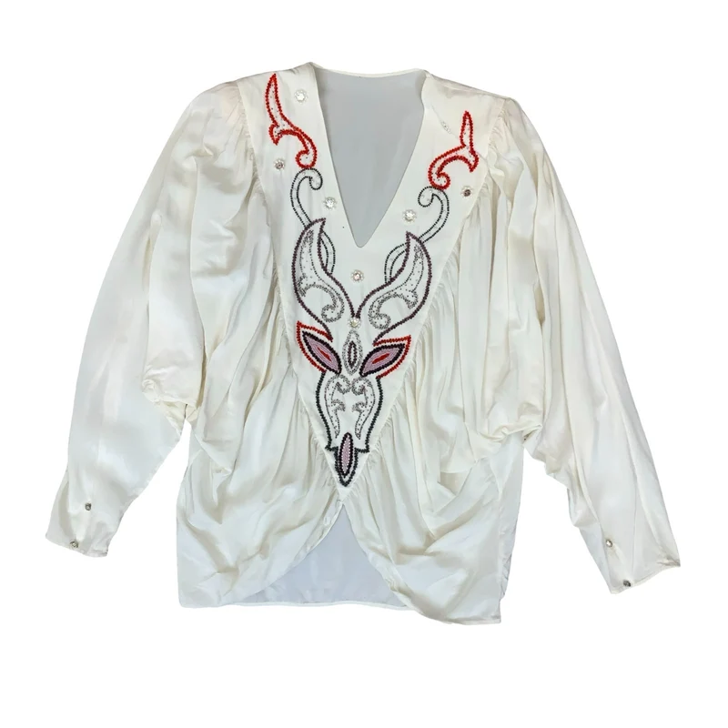 Vtg 80s White Embroidered V-Neck Bat-Wing Power Dressing Party Blouse UK 16