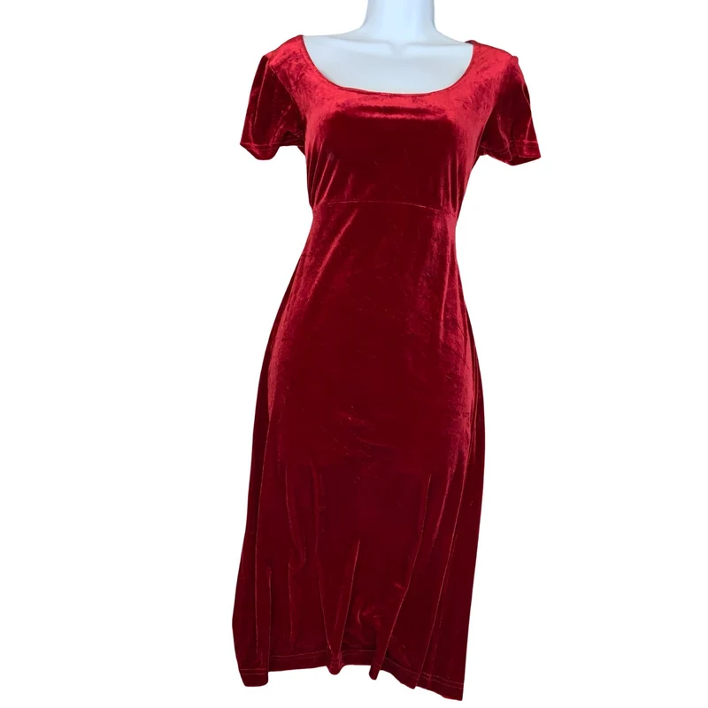 Vtg 90s 'Maggy London' Red Velvet Scoop Neckline Short Sleeve Midi Dress UK 10