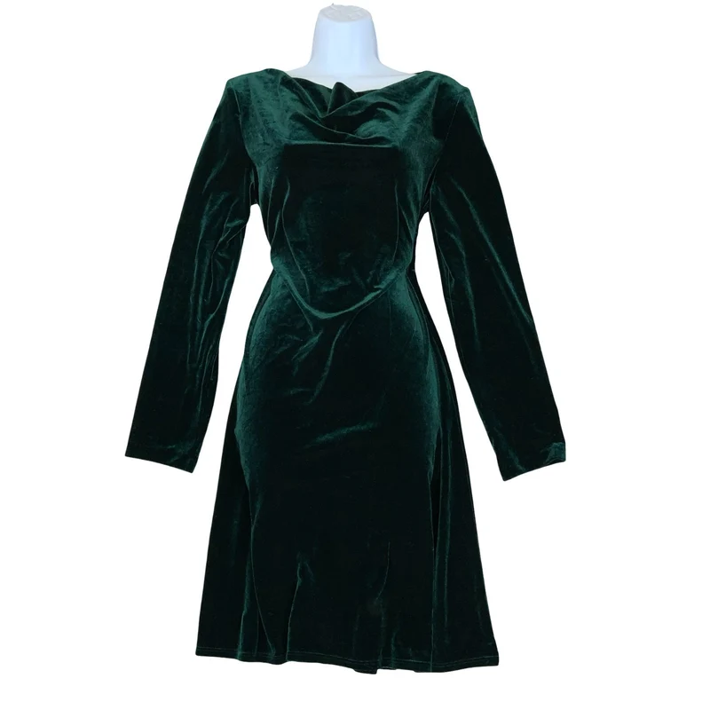 Vtg 80s 90s 'Social Circles' Green Velvet Cowl Neck Stretch Party Dress UK 14