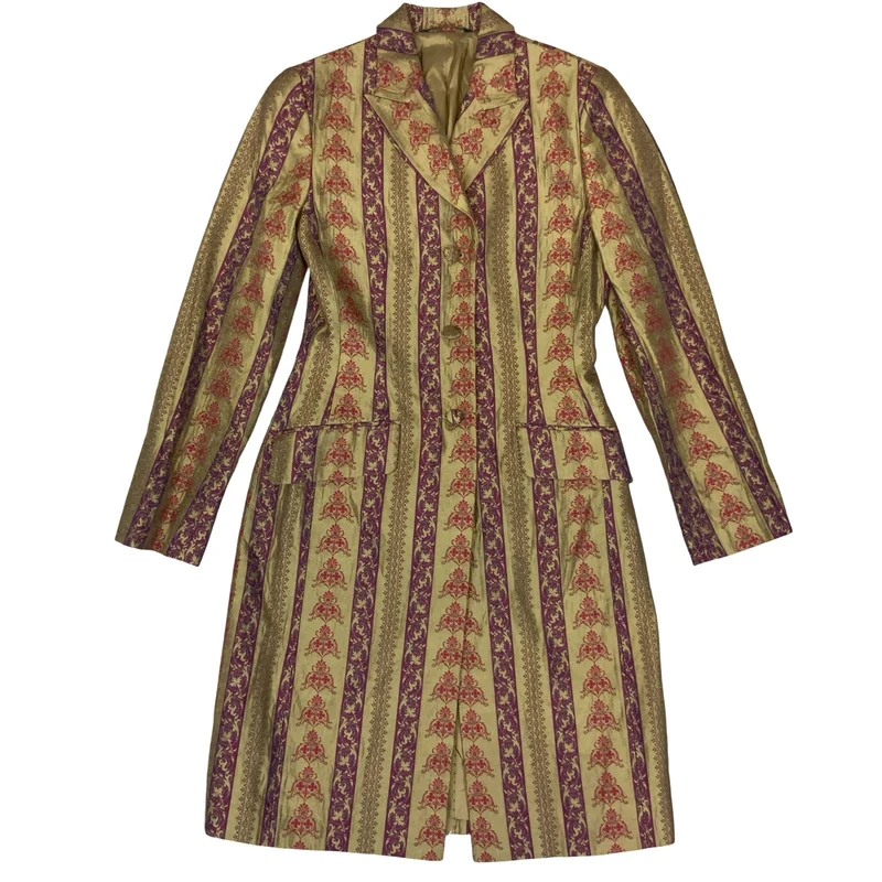 Vtg Laura Ashley Gold Red Royal Pattern Tapestry Tailored Long Coat UK 8 S