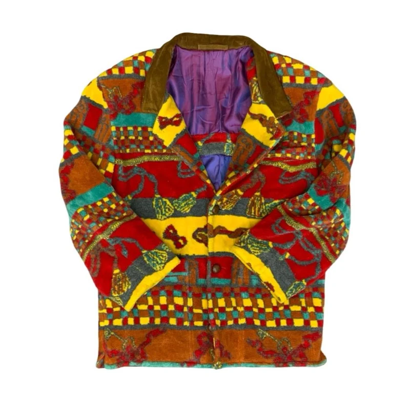 Vtg 90s Italian Mens Fleece Cotton Crazy Pattern Blazer Jacket Multicoloured XL