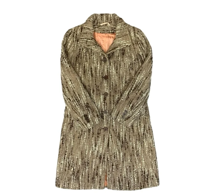 Vtg 1970s Wool Fleck Stripe Long Button Down Lined Winter Coat UK 10