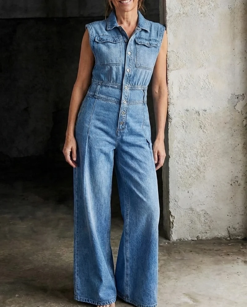 Stella | Jeansjumpsuit med Markerad Midja och Vida Ben