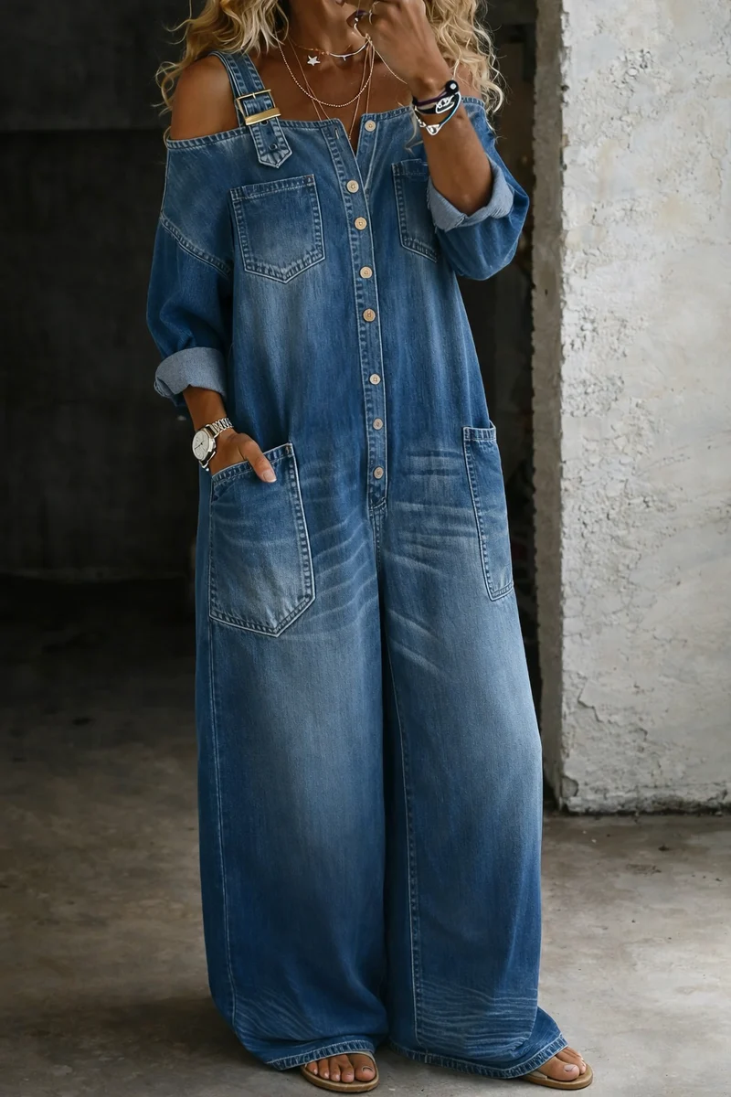 Stephanie | Mönstrad Off-shoulder-jeansjumpsuit