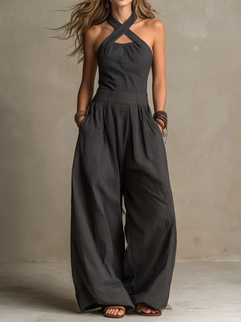Bianca | Jumpsuit i Linne och Bomull med Elegant Korsad Urringning