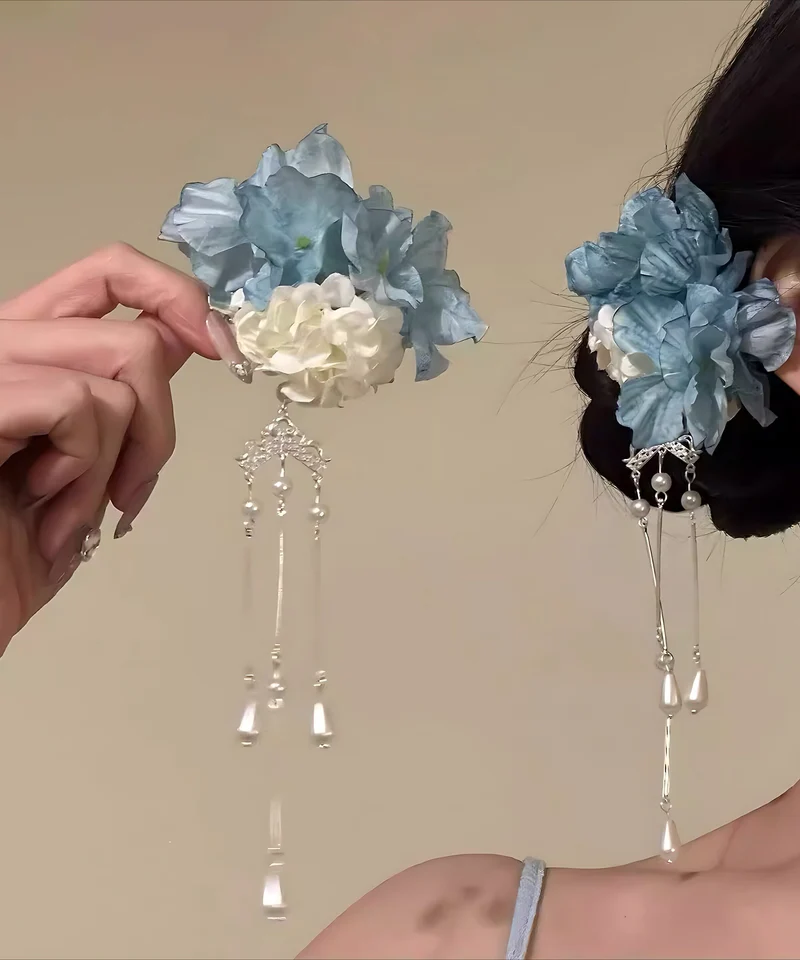 Dam Hårnål Set med Blommönster och Tofs