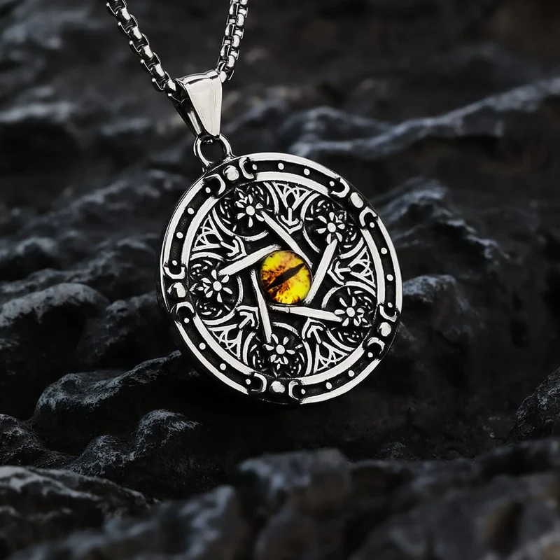 Herrhalsband med antik rund pentagram och onda ögat, punkigt