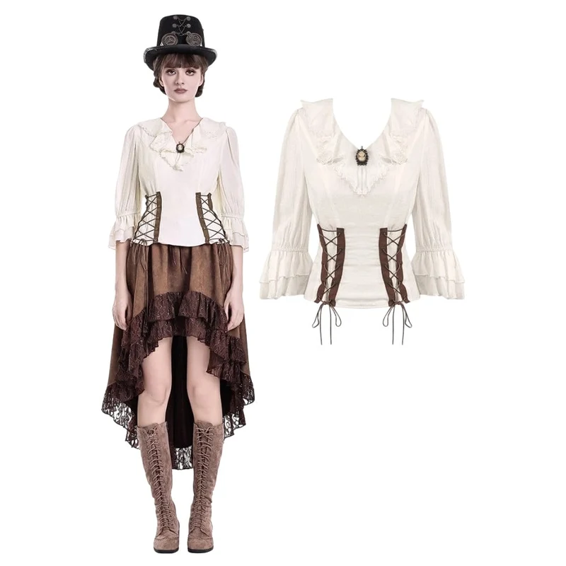 Damblus med steampunkmönster och volanger, V-ringning och 3/4-ärm