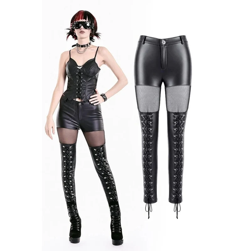 Cyberpunk Skinny Byxor i Skir Mesh med Patchwork och Snörning i Konstläder för Dam