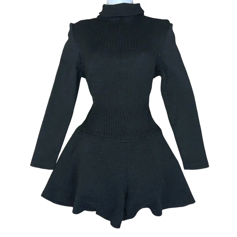 00s Y2K Black Long Sleeve Ribbed A-Line High Neck Clubbing Party Playsuit UK 8
