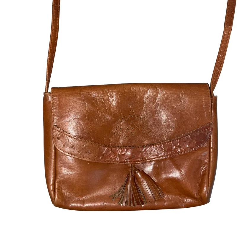 Vtg 'Giovanni' Brown Leather Tassel Cut-Out Pattern Small Crossbody Hand Bag