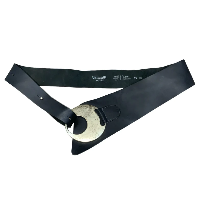 90s 'Vanzetti' by BGM Black Silver Circle Buckle Real Leather Belt Size XL