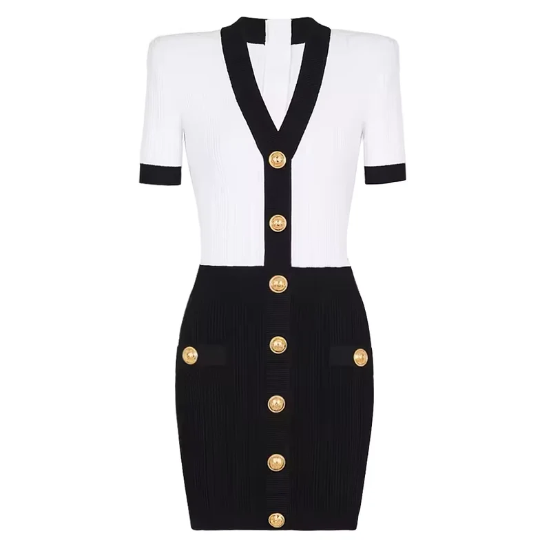Color Block V-Neck Short Sleeve Slim Fit Knit Dress